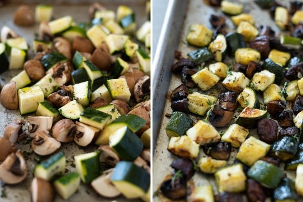 Roasted zucchini and mushrooms process collage