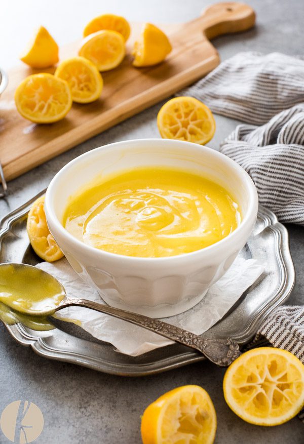 Front shot of lemon curd in a white bowl