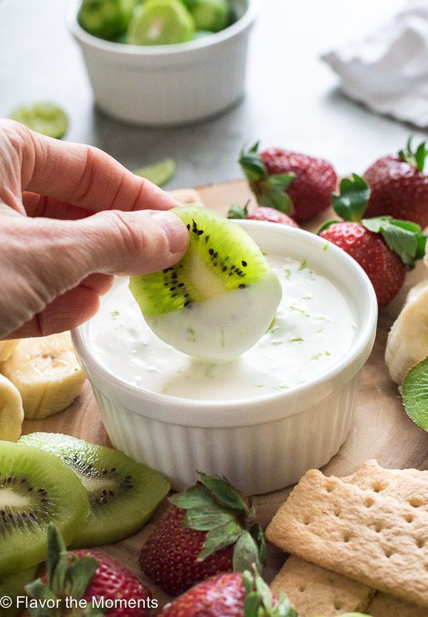 Kiwi dipped in key lime greek yogurt dip