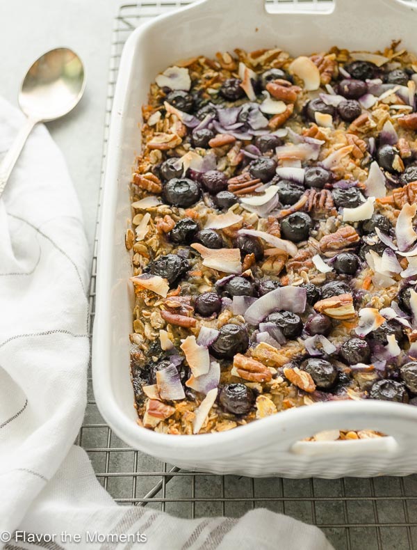 close up of blueberry morning glory baked oatmeal