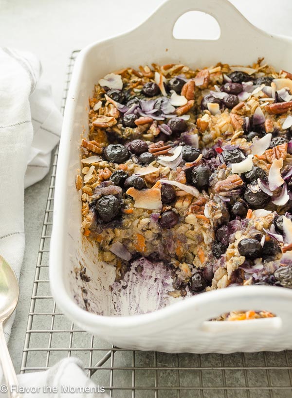 baking dish of blueberry morning glory baked oatmeal with square missing
