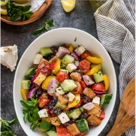 Greek panzanella salad collage