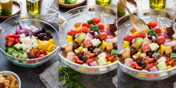 Greek panzanella salad process collage
