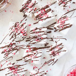 Peppermint marshmallows drizzled with melted chocolate
