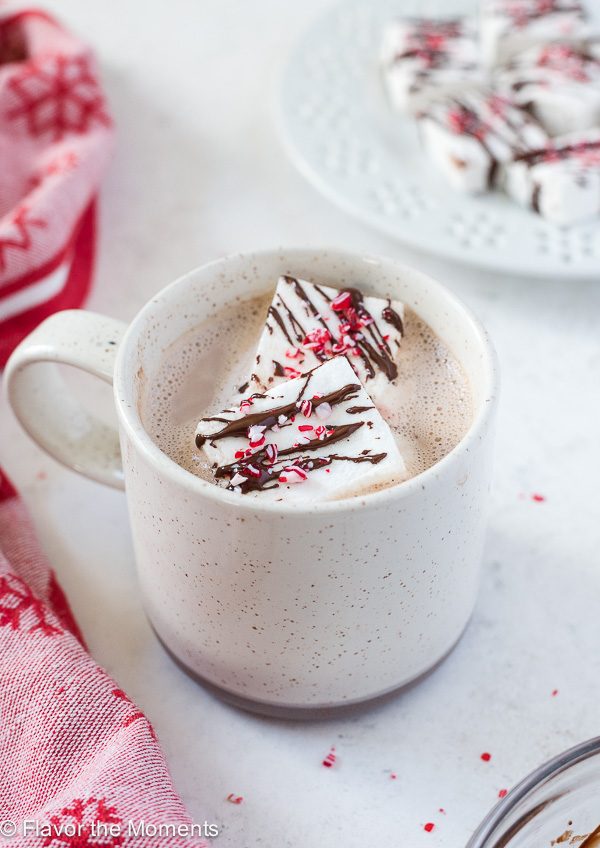 Hot chocolate topped with peppermint marshmallows