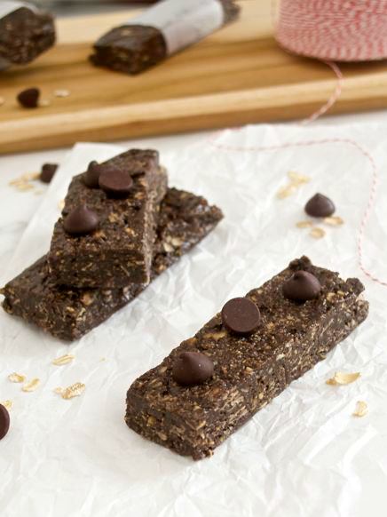 No Bake Chocolate Peanut Butter Oatmeal Bars on parchment paper