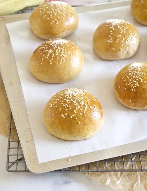 Honey whole wheat burger buns fresh from the oven