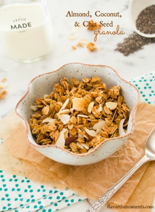 Honey almond granola in a bowl with spoon