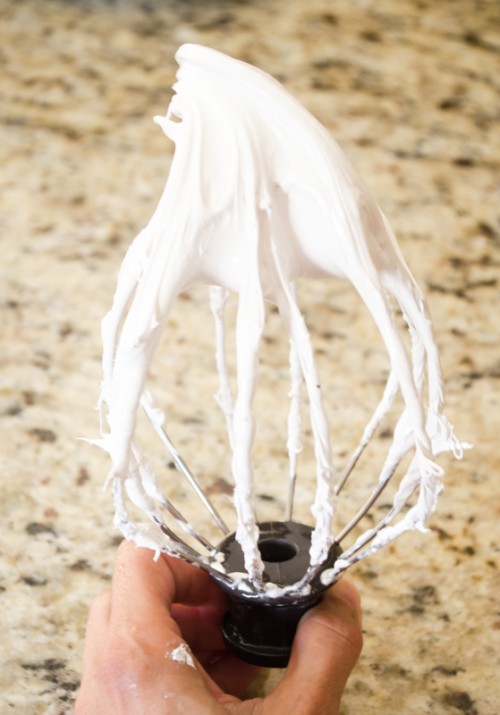 Homemade marshmallow creme on a whisk attachment