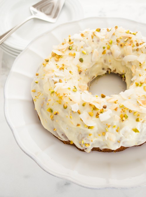 Zucchini carrot bundt cake on pedestal server