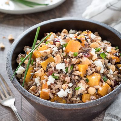 Harvest Wild Rice Salad with Maple Vinaigrette is a hearty wild rice salad with roasted butternut squash, cranberries, hazelnuts and goat cheese! {GF, Vegan option}