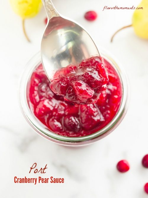 Close up spoonful of port cranberry pear sauce