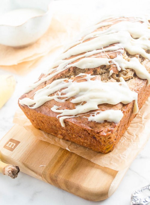 Brown Butter Eggnog Banana Bread with Cream Cheese Glaze Flavor the