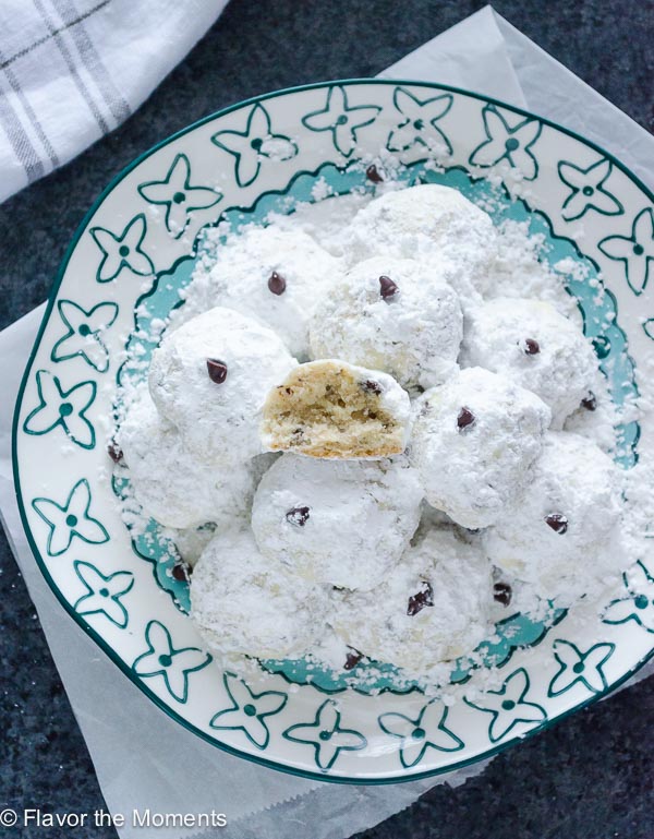 Plate of chocolate chip snowball cookies