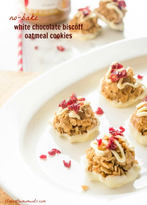 No bake biscoff oatmeal cookies on a white plate