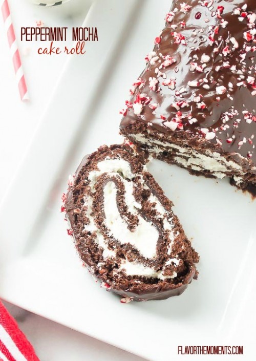 Peppermint mocha cake roll with slice facing upward
