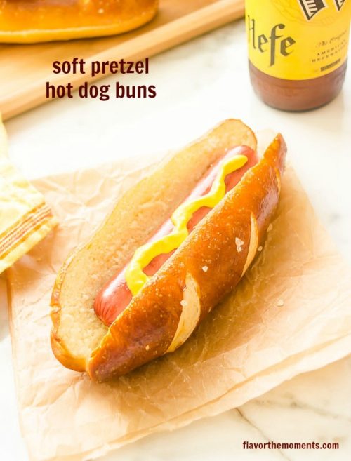 Soft pretzel hot dog bun with hot dog and mustard