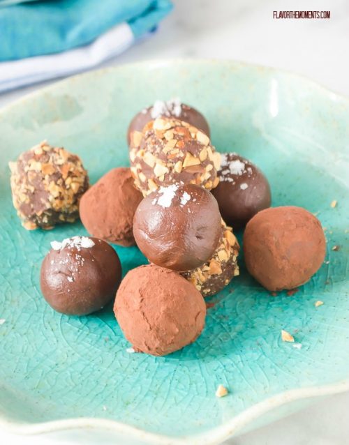 Salted caramel truffles piled up on a plate