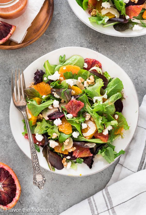 Roasted Beet Citrus Salad on a white plate with fork