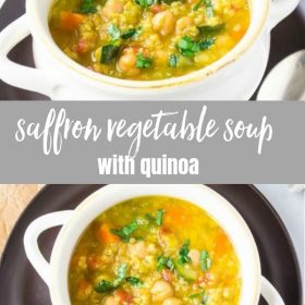 Saffron Vegetable Soup with Quinoa  is a hearty vegetarian soup packed with vegetables, chickpeas, quinoa, and plenty of saffron flavor!