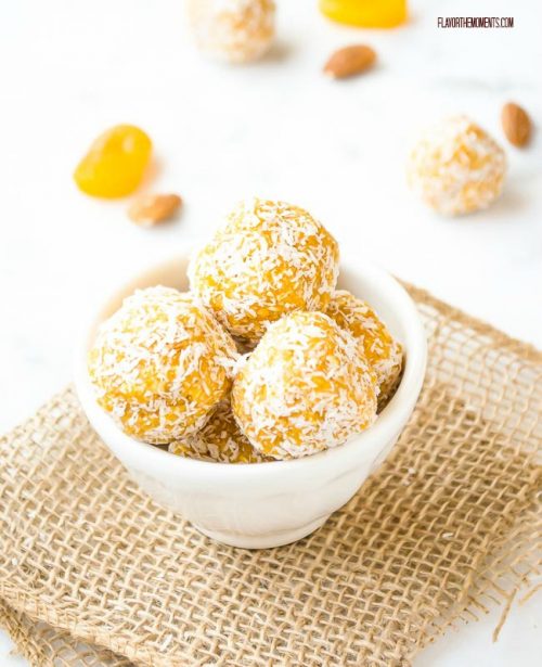 Apricot energy balls in a white bowl