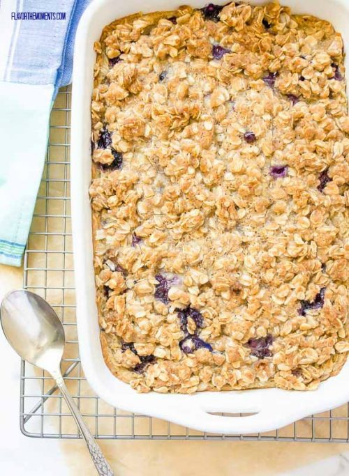 Overnight blueberry baked oatmeal in baking dish 