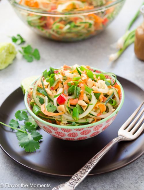 Bowl of Thai Carrot Cucumber Noodle Salad with cilantro