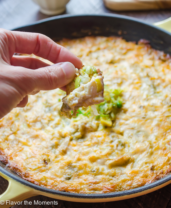 Cheesy caramelized brussels sprout dip on a chip