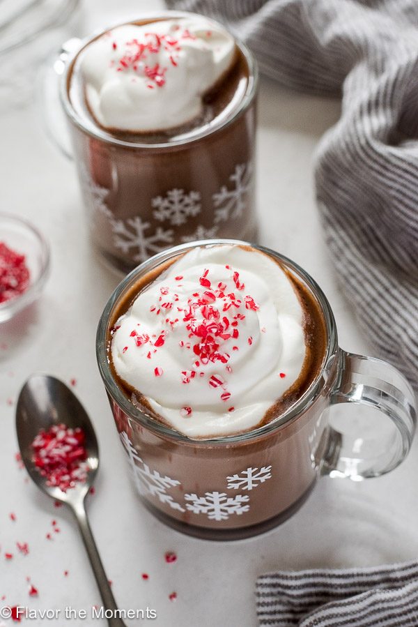 Slow cooker hot chocolate in mug with whipped cream and peppermint on top