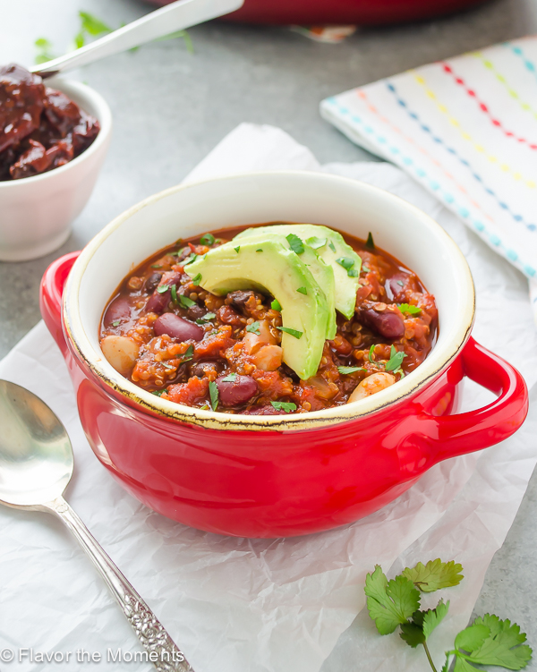30-Minute Three Bean Chipotle Quinoa Chili is a one pot vegetarian chili that's hearty and satisfying. It'll put some spice in your winter meals! @FlavortheMoment