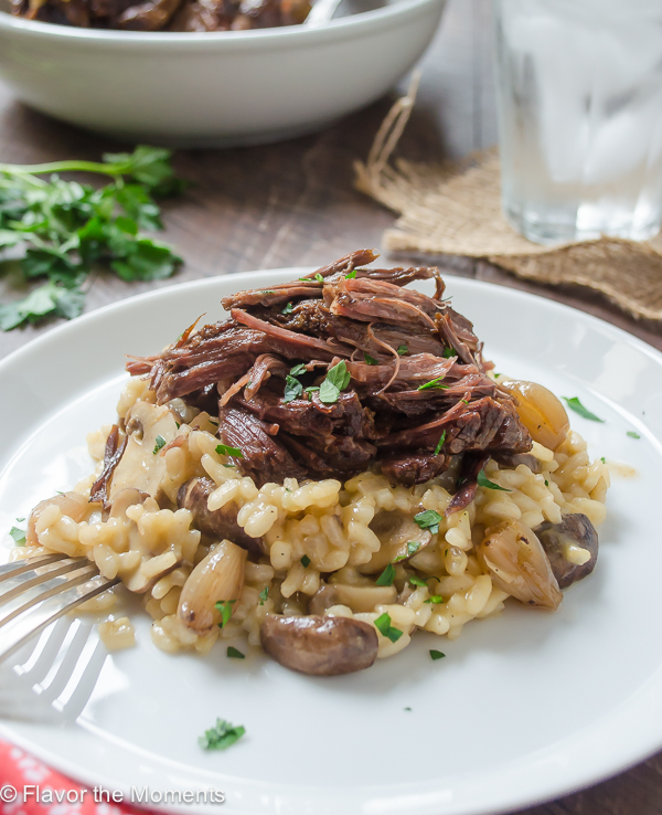 close up of beef short ribs and mushroom risotto on a white plate with fork