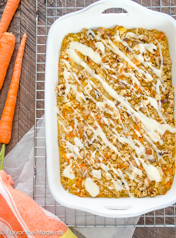 Carrot Cake Baked Oatmeal with Cream Cheese Glaze is the healthier way to enjoy the flavors of carrot cake and makes a great special breakfast or brunch! @FlavortheMoment