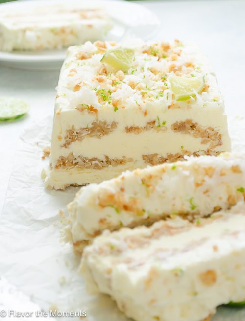 Coconut Lime Ice Cream Loaf sliced on parchment