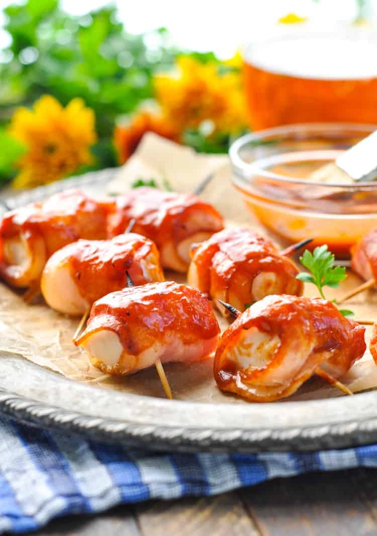 Bacon wrapped chicken bites on plate