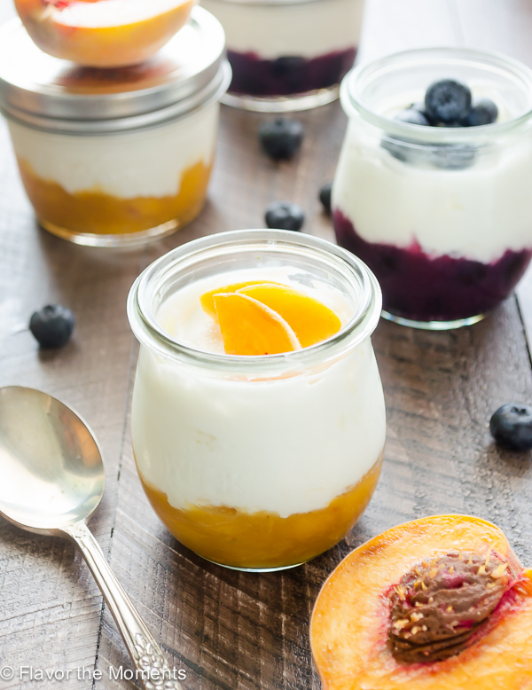 Homemade Fruit on the Bottom Yogurt Cups are homemade fruit compotes topped with plain yogurt and granola. They're a delicious breakfast on the go and are perfect for lunch boxes! @FlavortheMoment