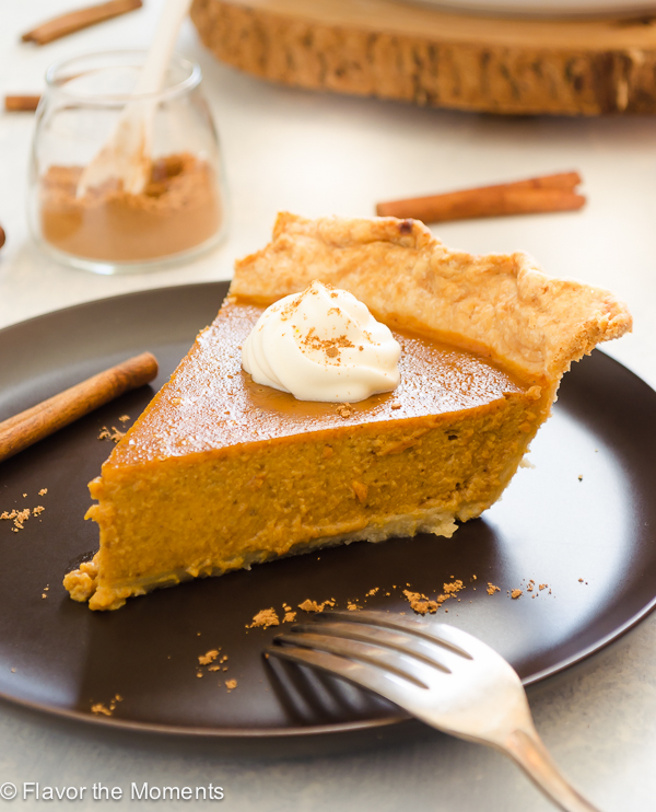 Chai Spiced Pumpkin Pie is an easy classic pumpkin pie with the warm spices of chai. It's an exciting twist on pumpkin pie that makes it even more delicious! @FlavortheMoment