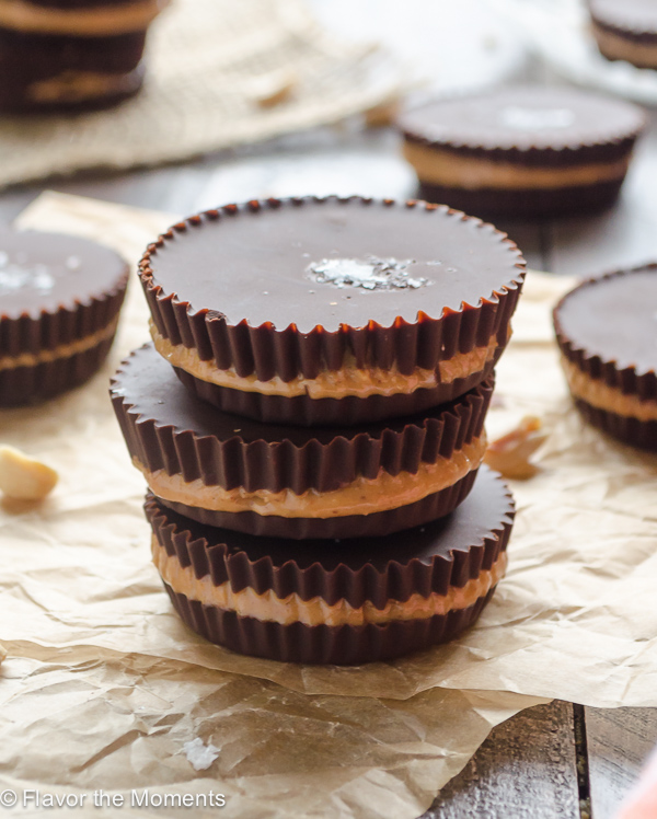 stack of homemade peanut butter cups with sea salt on top