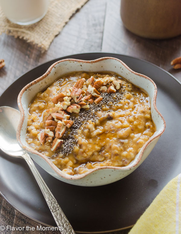 Slow Cooker Pumpkin Chia Steel Cut Oats are creamy steel cut oats packed with pumpkin, chia seeds, and plenty of pumpkin spice. This is a healthy make-ahead breakfast that's perfect for busy mornings! @FlavortheMoment