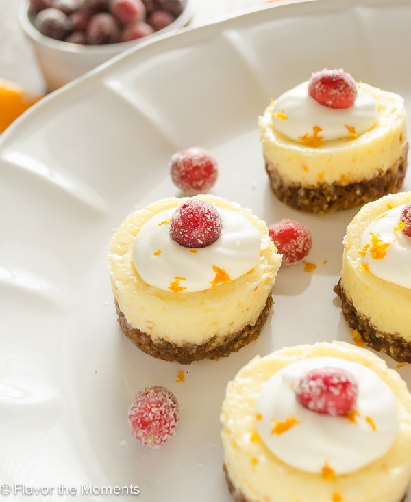 close up of cranberry orange cheesecake with sugared cranberry on top