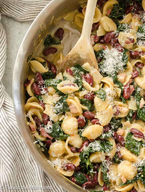 One Pot 30-Minute Pasta e Fagioli in skillet with wooden spoon