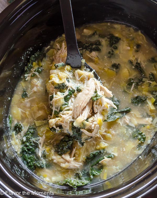 big spoonful of slow cooker chicken soup over slow cooker