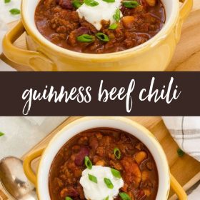 Guinness Beef Chili is a hearty, flavorful chili with plenty of spice and Guinness beer.  It's made in 30 minutes for an easy St. Patrick's Day dinner!