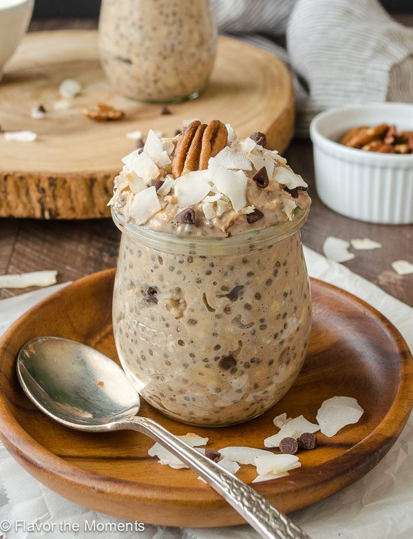 Close up of German chocolate overnight oats in a jar