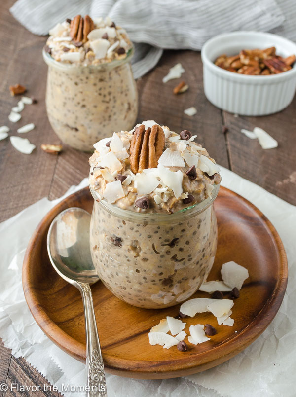 Jar of german chocolate overnight oats with pecan and coconut