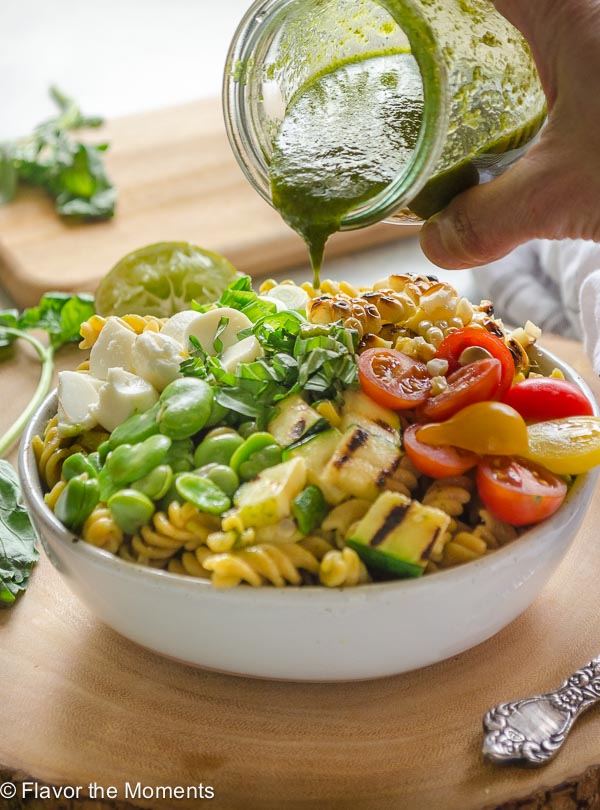 close up of summer succotash pasta salad