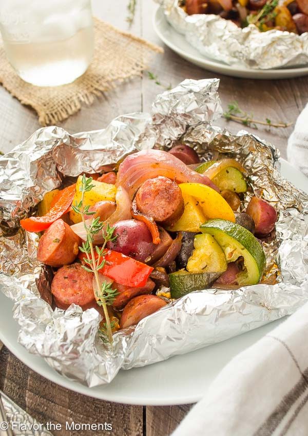 Sausage foil packets with potatoes, peppers and zucchini