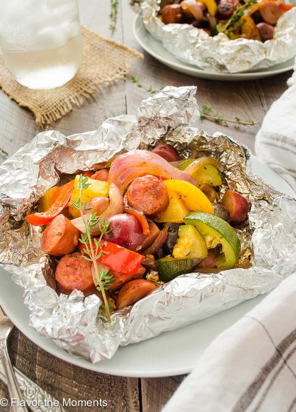 Sausage foil packets with potatoes, peppers and zucchini