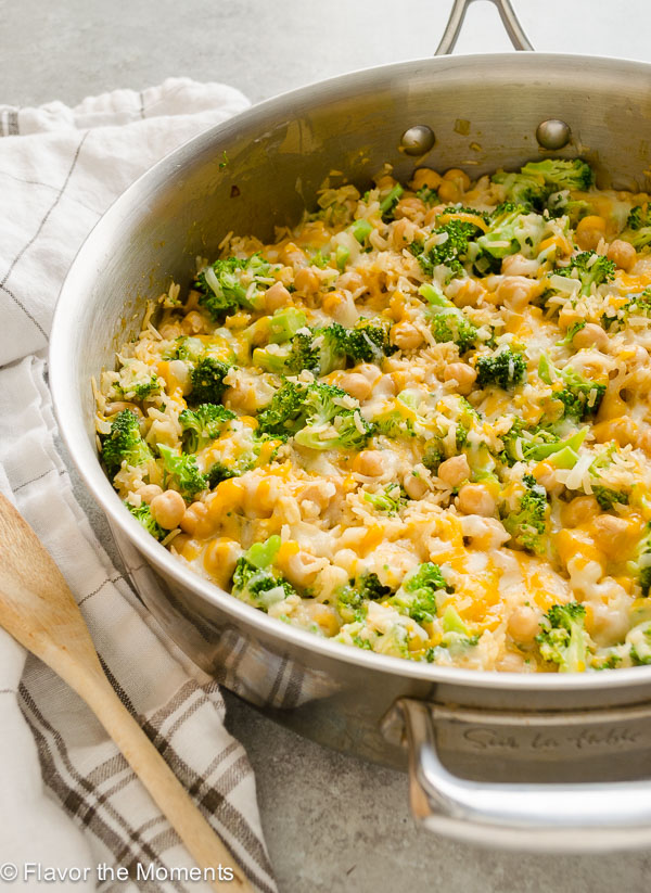 One pot cheesy broccoli chickpea casserole in skillet
