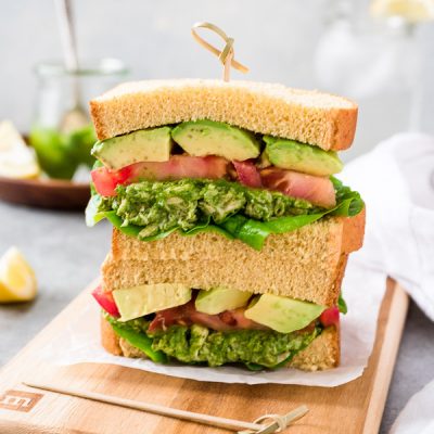 Pesto Chicken Salad Sandwiches are slices of fluffy, whole wheat potato bread filled with a creamy no mayo pesto chicken salad and plenty of veggies!