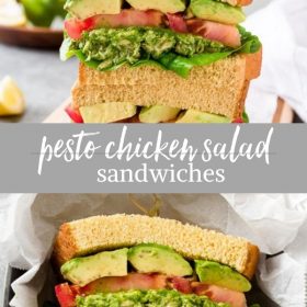 pesto chicken salad sandwich collage